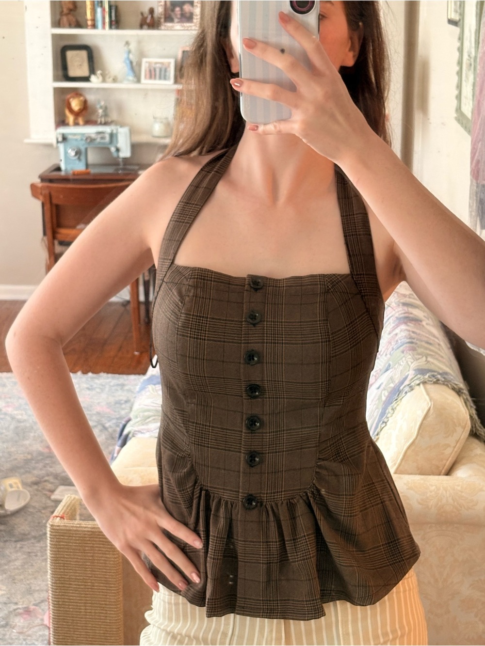 Free People Chocolate Brown Plaid Peplum Halter Top